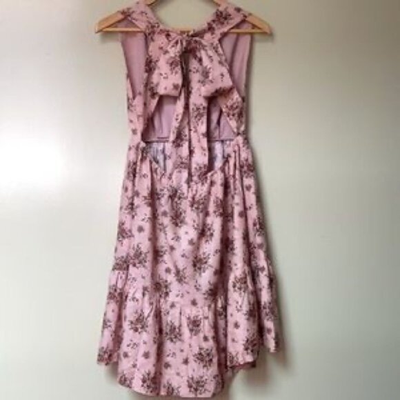 HOUSE OF HARLOW Linen Floral Deep V-neck Bow Back Mini Dress XS Pink - Picture 3 of 7